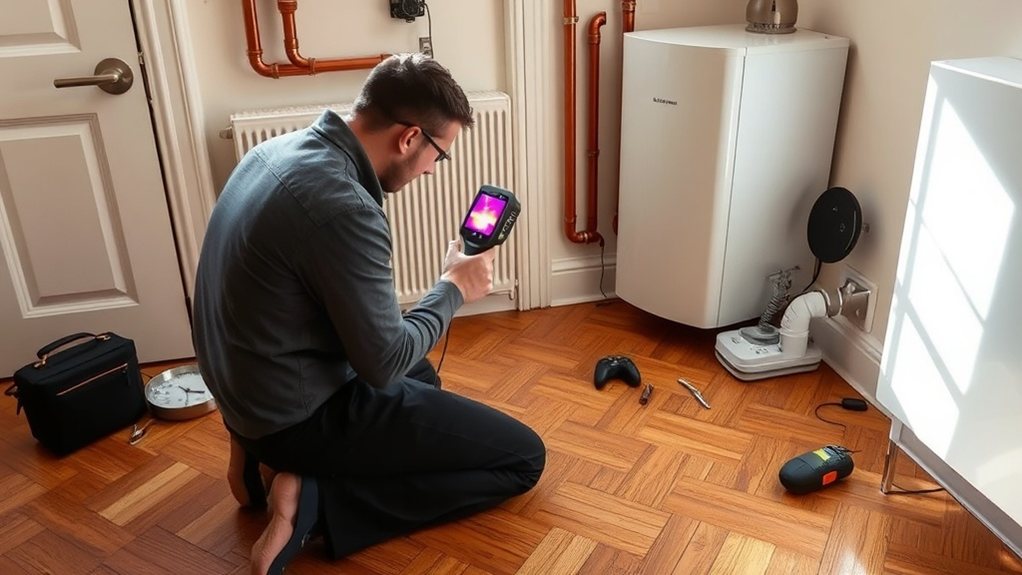 Engineer locating central heating leak using thermal imaging in Hammersmith